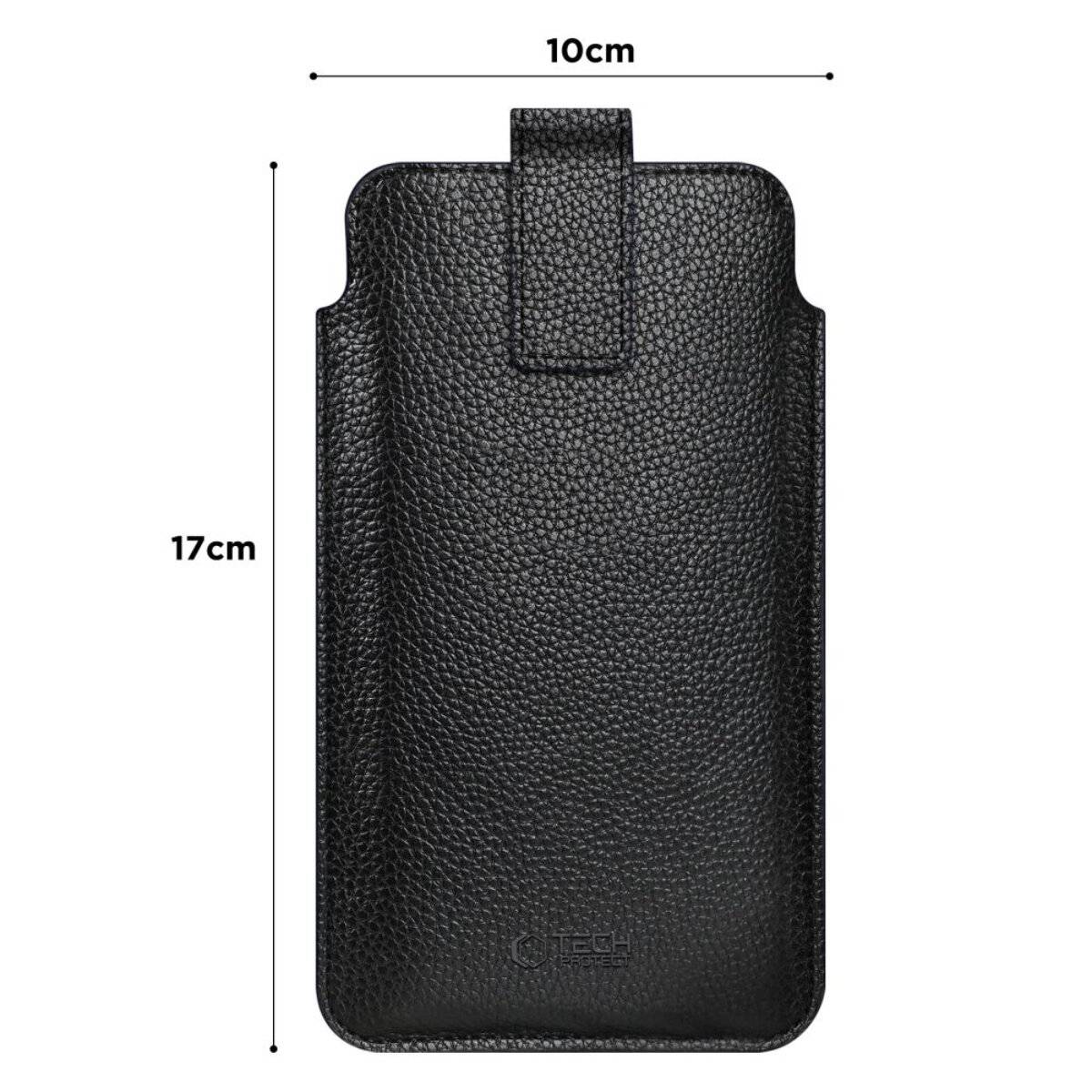 Ein schwarzes strukturiertes Lederetui für Telefone mit einer Klappe oben, mit den Maßen 10 cm × 17 cm, wird vor einem weißen Hintergrund gezeigt.