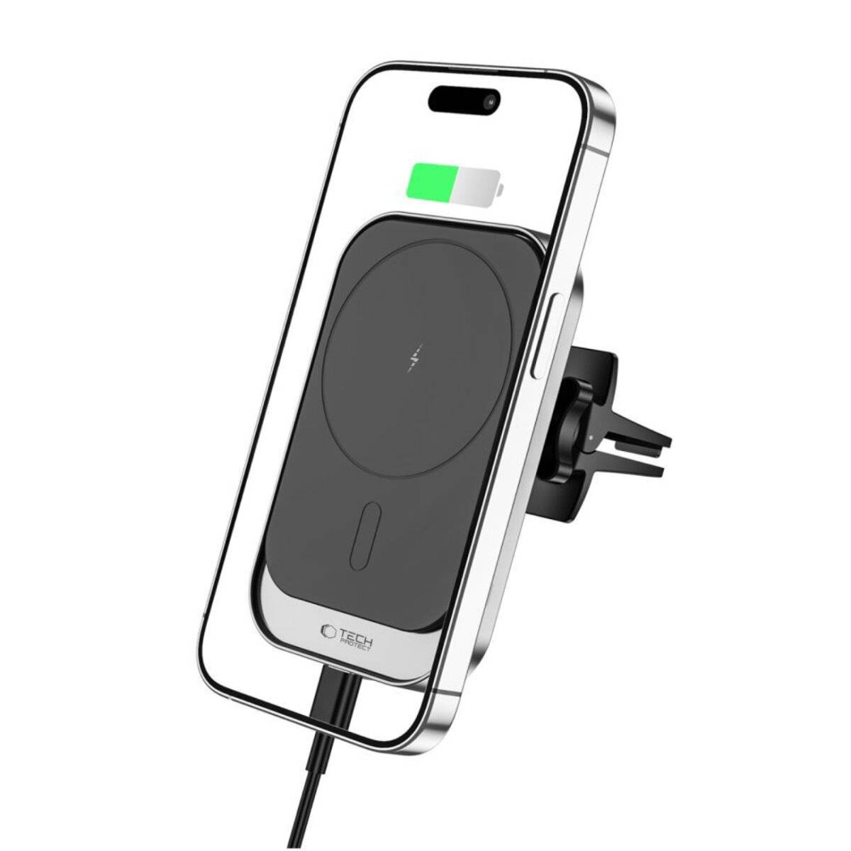 Ein Smartphone, das auf einer Autoentlüftungshalterung montiert ist, mit einem sichtbaren Ladesymbol und einem teilweise gefüllten grünen Batteriesymbol auf dem Bildschirm.