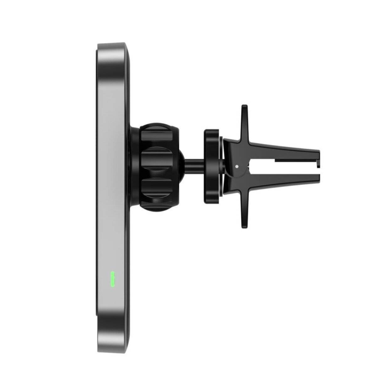 Eine Seitenansicht einer rechteckigen Handyhalterung mit einem kreisförmigen Griff und einem verstellbaren Lüftungsclip, die für die Verwendung in einem Fahrzeug konzipiert ist.