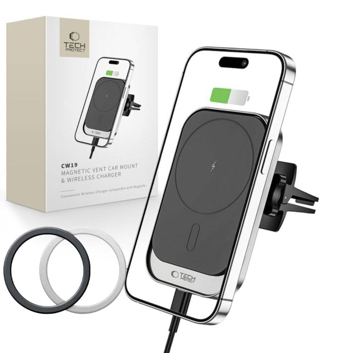 Magnetische Lüftungshalterung für das Auto mit kabelloses Ladefunktion, gezeigt montiert mit einem Telefon, das ein Ladesymbol anzeigt. Kabellose Ladegerätebox sichtbar.