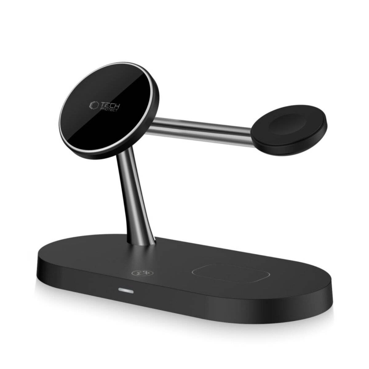 Ein schlanker, schwarzer drahtloser Ladeständer mit zwei Ladepads und einer vertikalen Haltevorrichtung für ein Gerät, der ein minimalistisches Design aufweist.