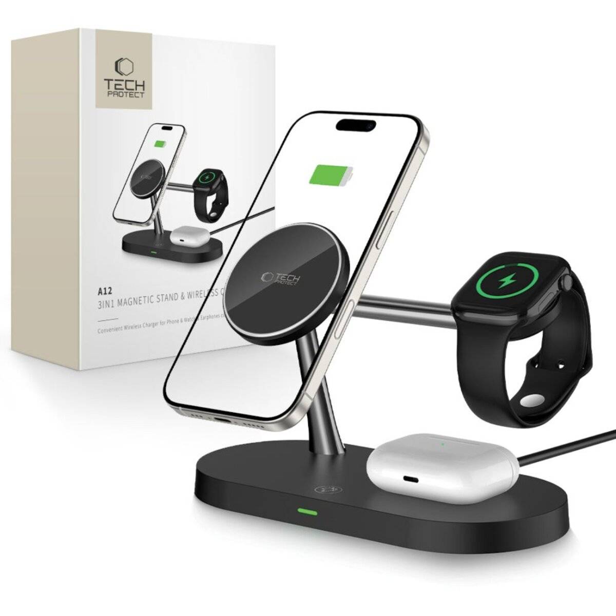 Ein Ladegerät hält ein Smartphone, eine Smartwatch und Kopfhörer und zeigt auf der Verpackung den Schriftzug 'Tech Protect A12 3-in-1 Magnetischer Ständer & Kabelloses Ladegerät'.