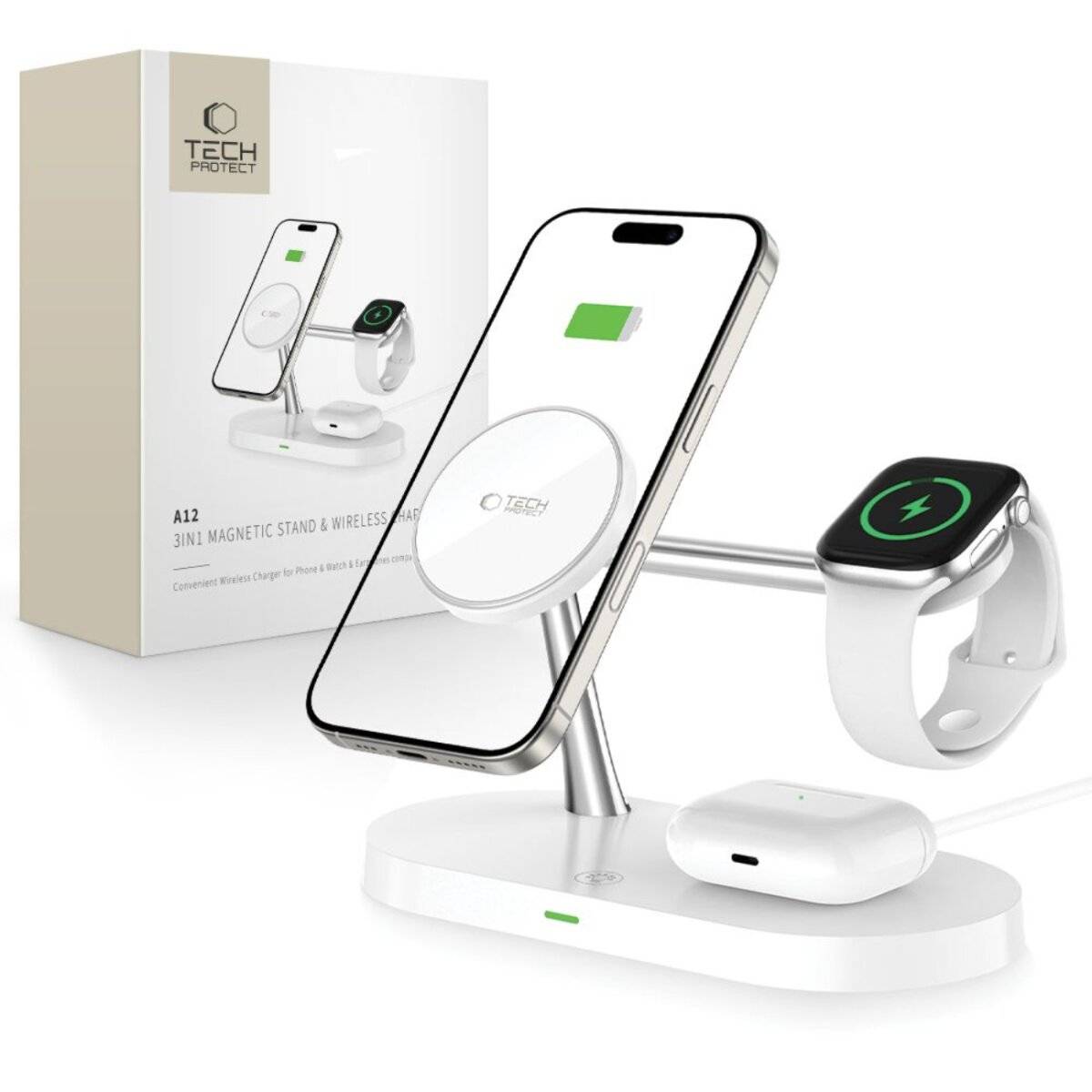 Tech-Protect A12 3in1 MagSafe induktives Ladegerät Smartphone / Kopfhörer Smartwatch - Weiß