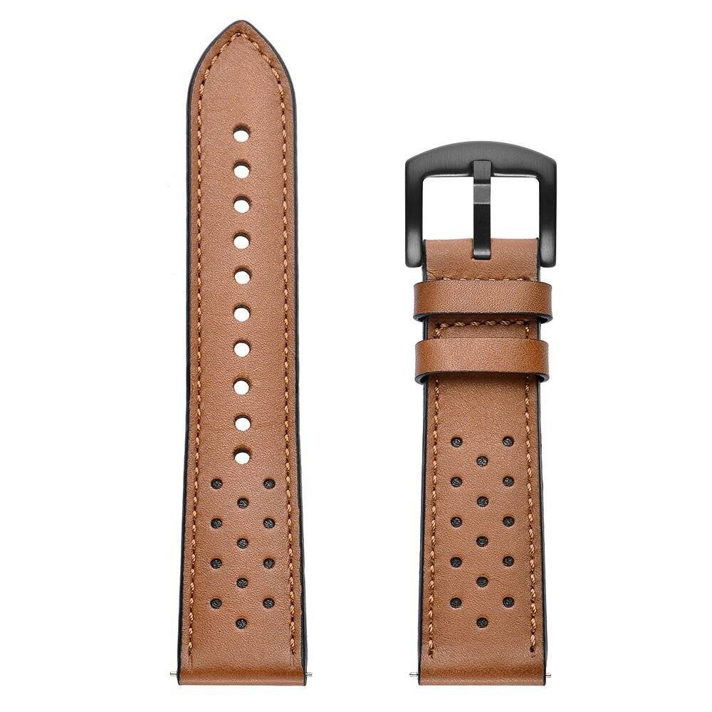 Braunes Lederarmband mit Perforationen, schwarze Schließe und gesäumte Kanten, sowohl flach als auch geschlossen dargestellt, auf weißem Hintergrund.