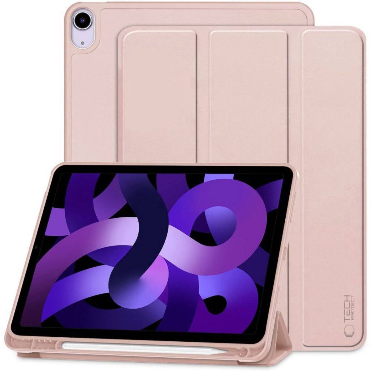 Ein rosa Tablet mit einer Hülle steht geöffnet auf einem Tisch und zeigt ein wirbelndes abstraktes violettes Design auf seinem Bildschirm. Die Hülle ist mit „Tech