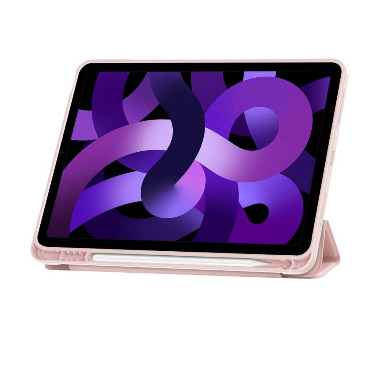 Ein Tablet mit einem Stift, der in seiner Halterung ruht, zeigt auf dem Bildschirm ein violettes abstraktes Design.