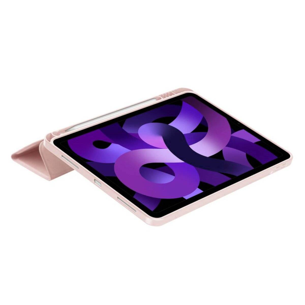Ein Tablet mit einem abstrakten violetten Design auf dem Bildschirm, das auf einem hellrosa Klappständer ruht. Das Design zeigt sich überlappende Bänder.