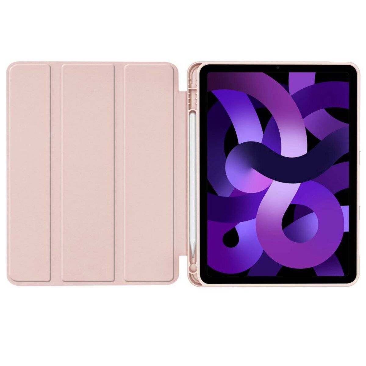 Ein Tablet mit einem violetten abstrakten Design auf dem Bildschirm, untergebracht in einer hellrosa Schutzhulle mit einem angebrachten Stylus.