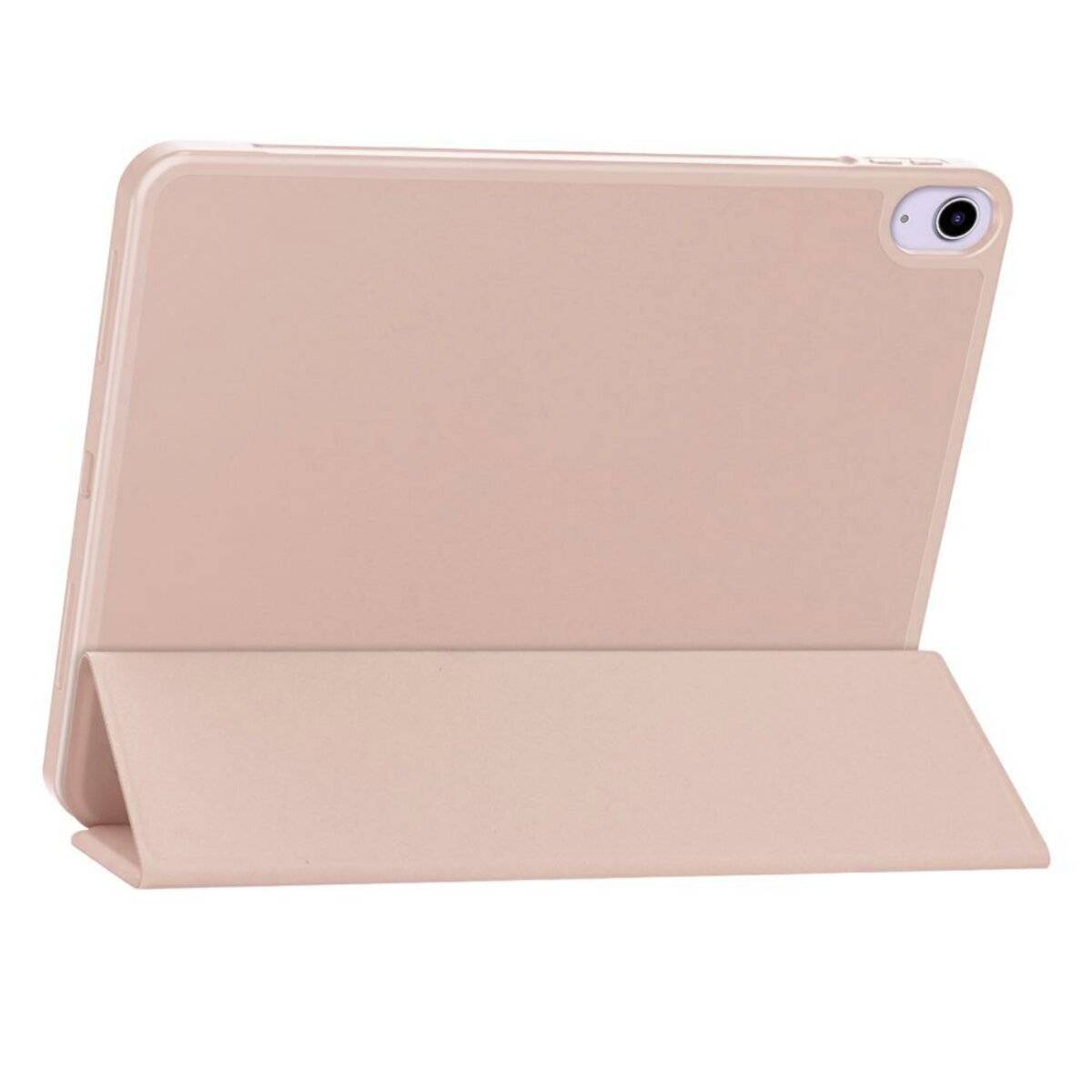 Ein beiges Tablet-Schutzelement stützt ein Tablet in einem Winkel ab und zeigt das hintere Kameraobjektiv.
