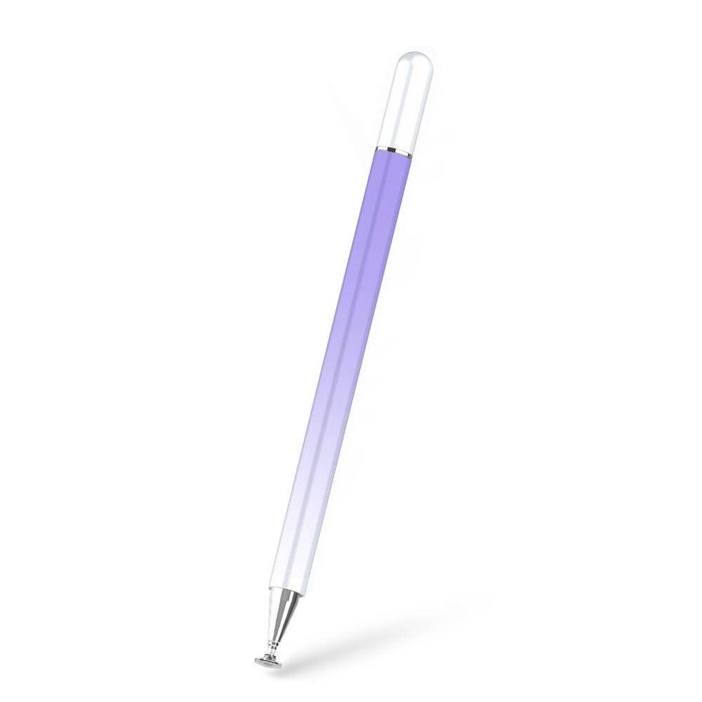 Ein Stift mit Stylus-Spitze mit einem Farbverlauf-Design von Lila zu Weiß, mit einer transparenten Kappe und einer feinen Spitze, in leichtem Winkel positioniert.
