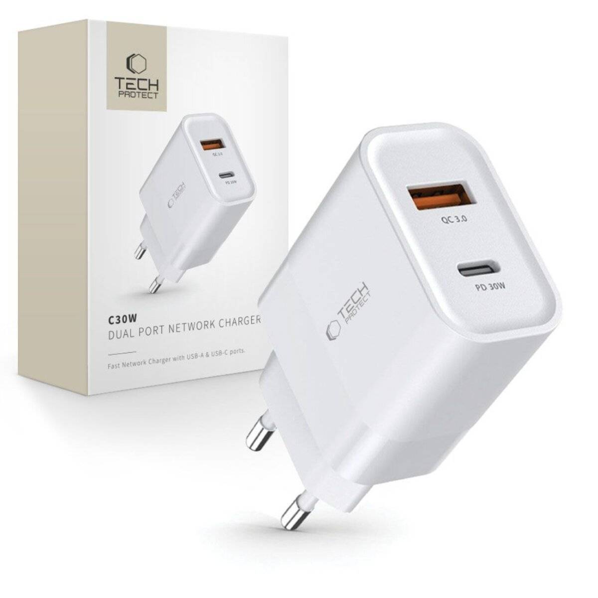 Tech-Protect C30W 30W USB-C / USB-A Schnellladegerät Weiß