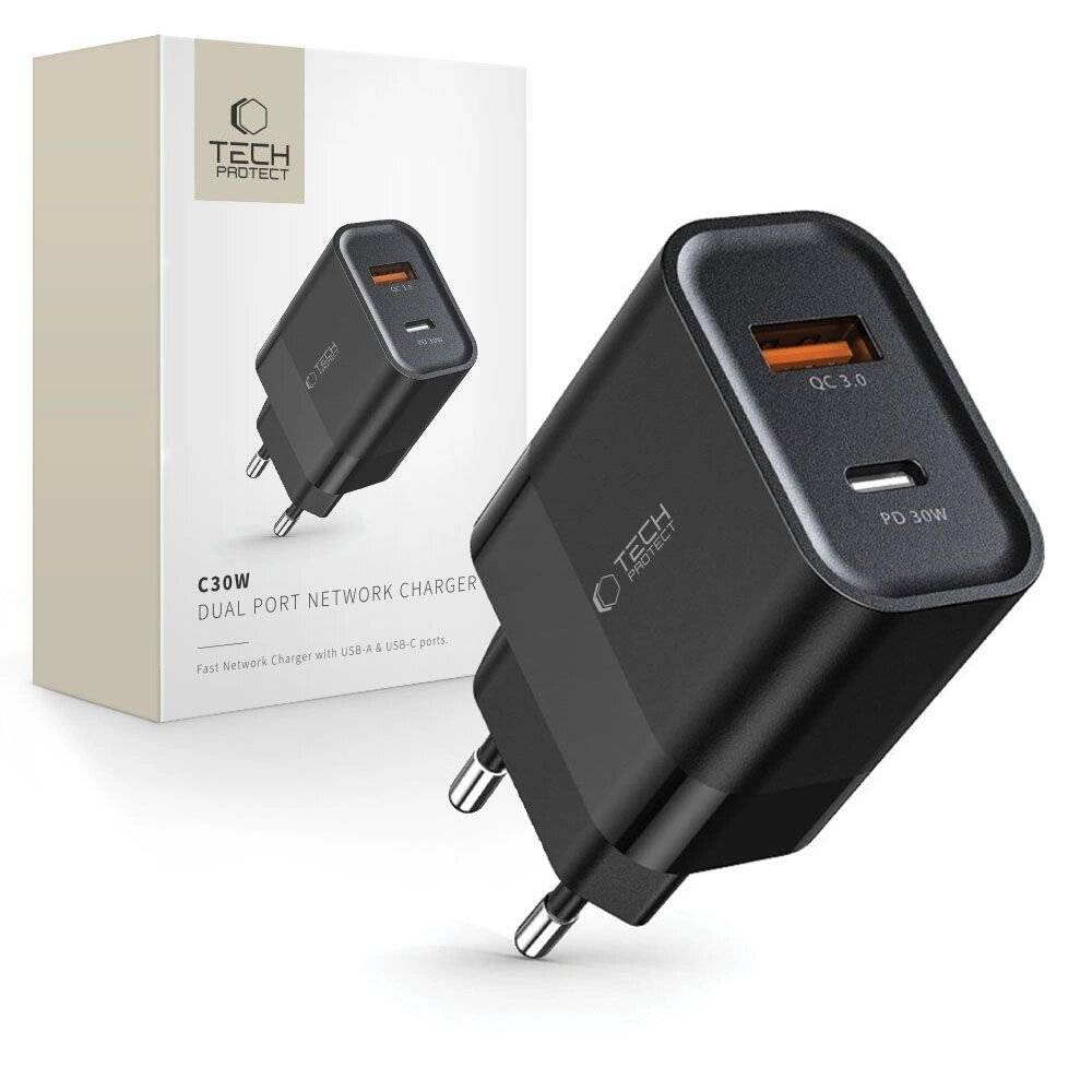 Tech-Protect C30W USB-C PD 30W / USB-A QC 3.0 Netzwerkladegerät – Schwarz