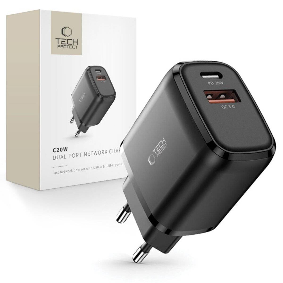 Tech-Protect C20W USB-C PD 20W / USB-A QC 3.0 Netzwerkladegerät – Schwarz