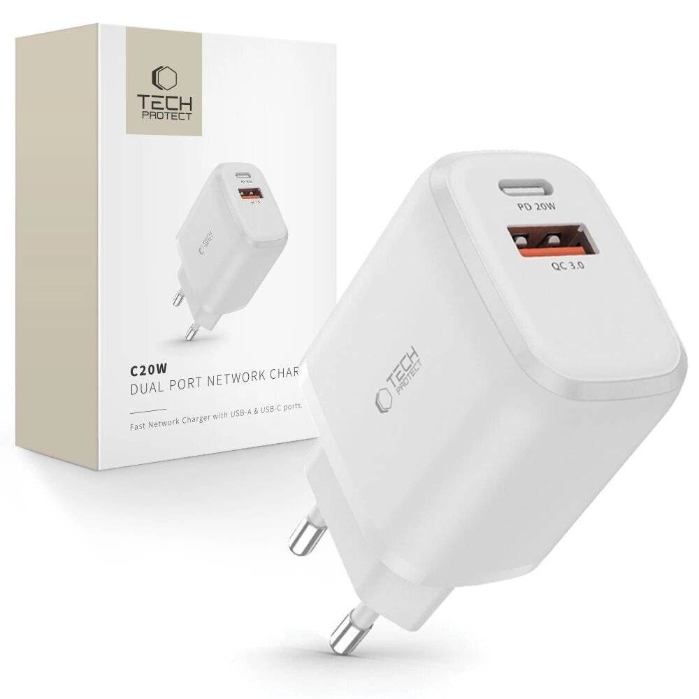 Tech-Protect C20W USB-C PD 20W / USB-A QC 3.0 Netzwerkladegerät – Weiß