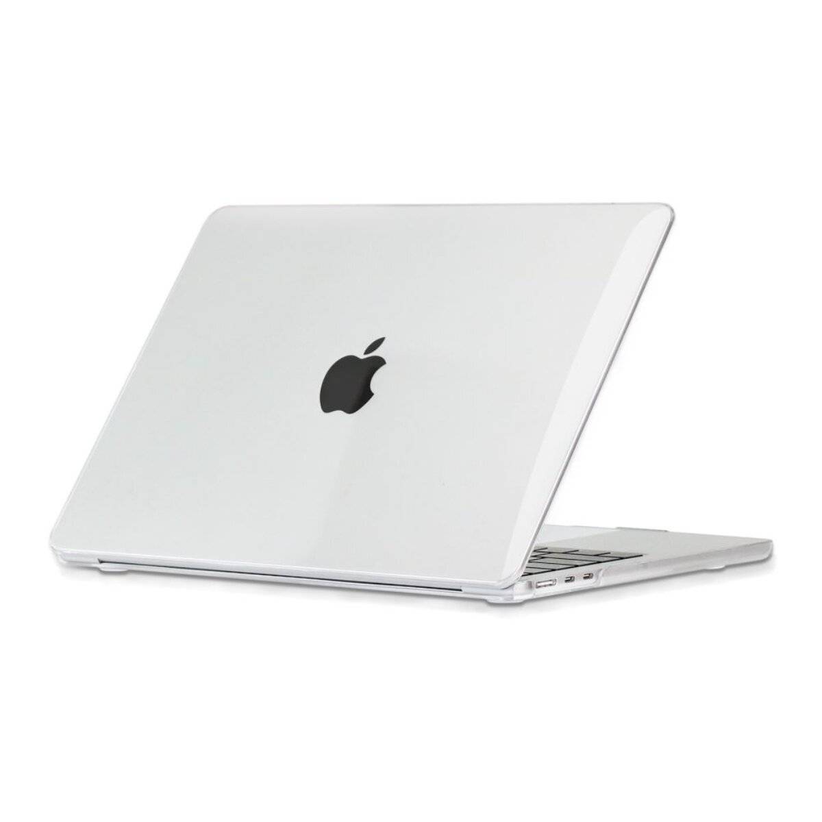 Ein geschlossenes weißes Laptop mit einem Apple-Logo auf dem Deckel, von der hinteren linken Seite aus betrachtet.