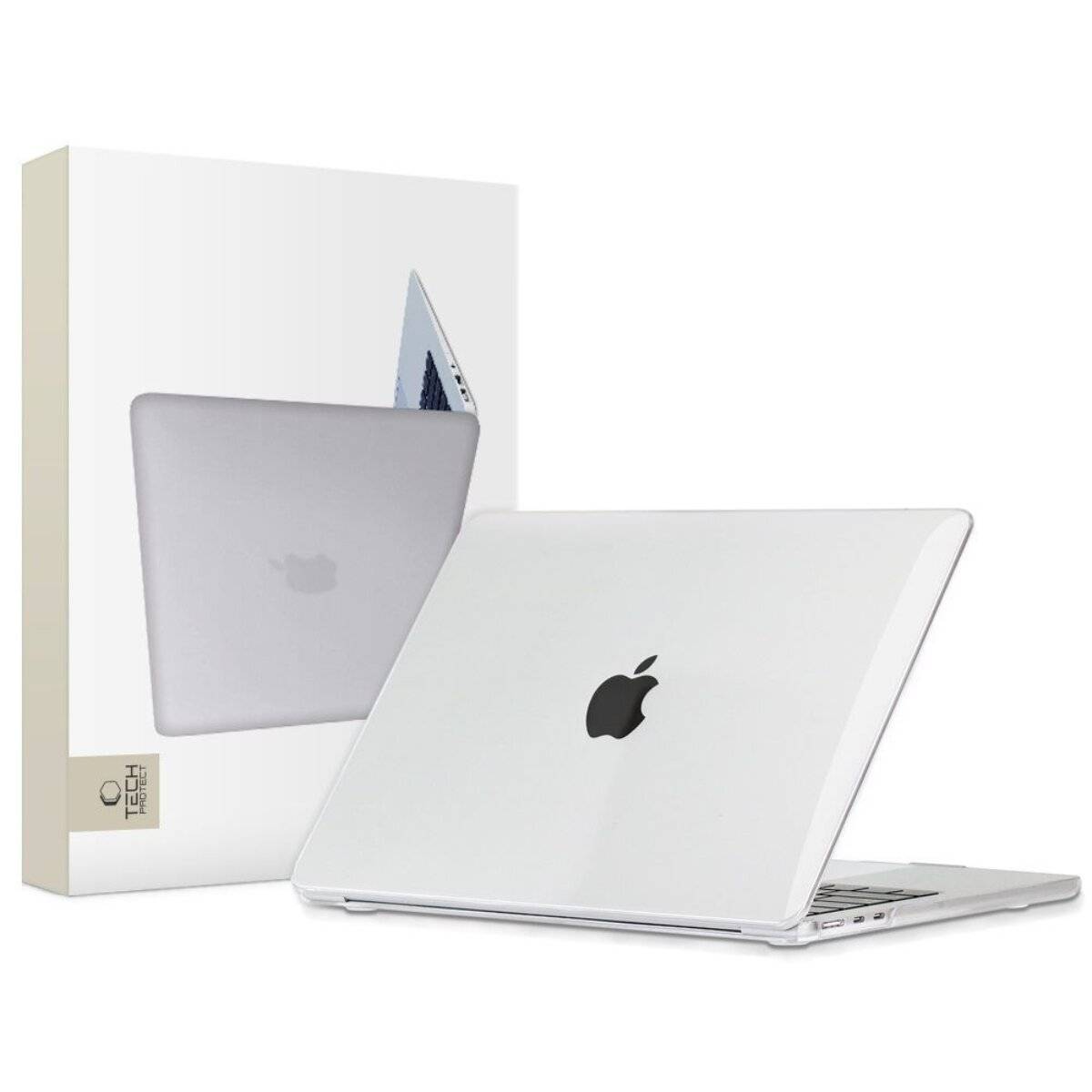 Ein silberner Laptop mit einem Apple-Logo, das halb geöffnet ist, positioniert vor seiner Verpackungsschachtel, auf der das Design des Laptops zu sehen ist.