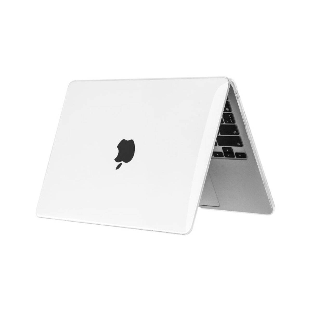 Ein weißer Laptop mit geöffnetem Deckel, der einen teilweisen Blick auf die Tastatur zeigt, mit einem schwarzen Logo auf der Rückseite des Bildschirms.