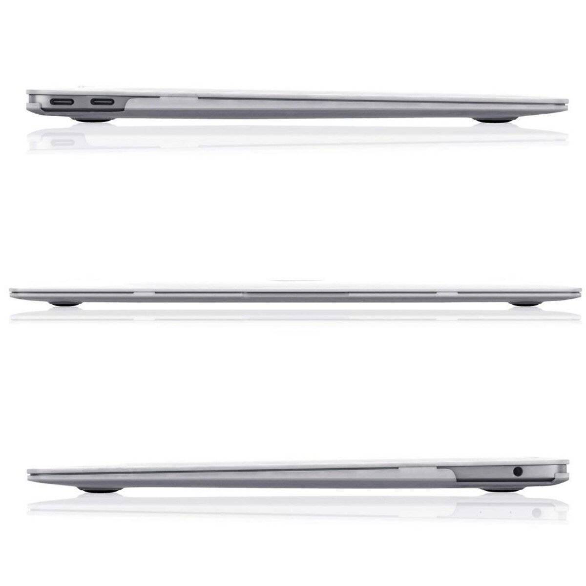 Seitenansicht eines geschlossenen, schlanken Laptops aus drei Winkeln.