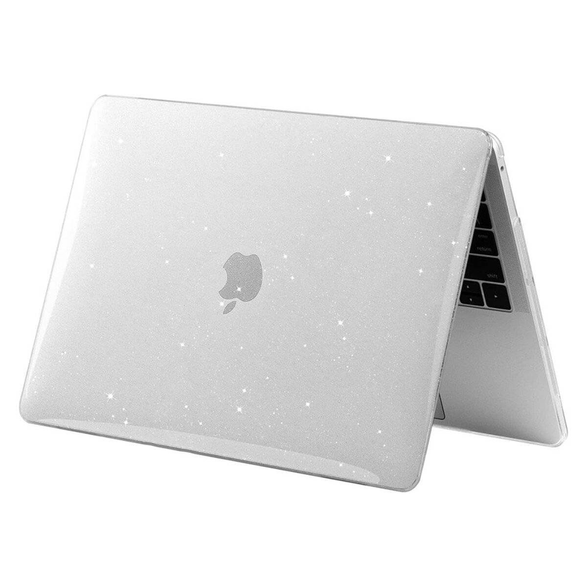 Ein silberner Laptop mit teilweise geöffnetem Deckel, auf dem ein leuchtendes Logo angezeigt wird, vor einem weißen Hintergrund.