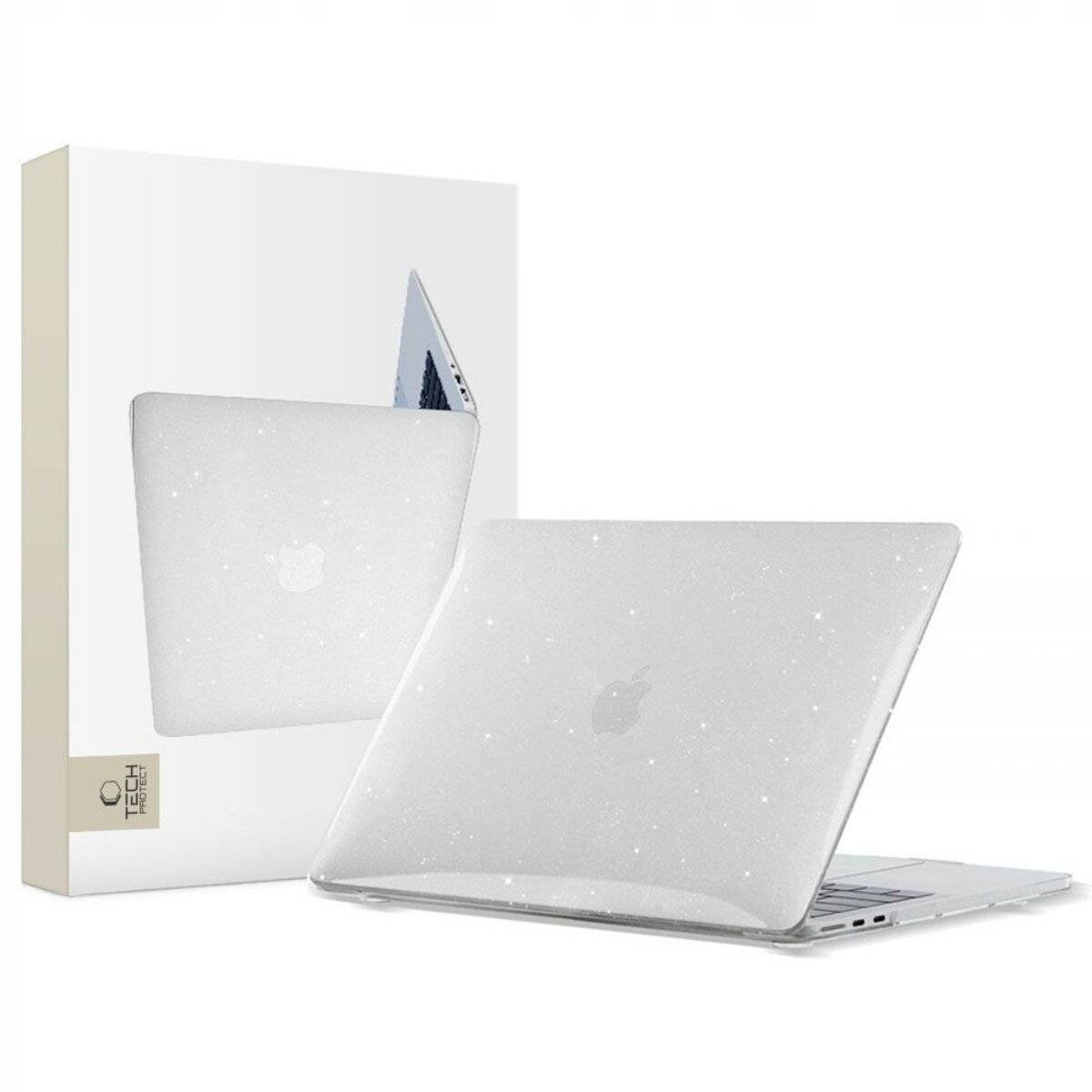 Silberner Laptop mit offener Anzeige, glitzerndes Case-Design, neben verpacktem Karton mit ähnlichem Design; kein sichtbares Text oder Branding.