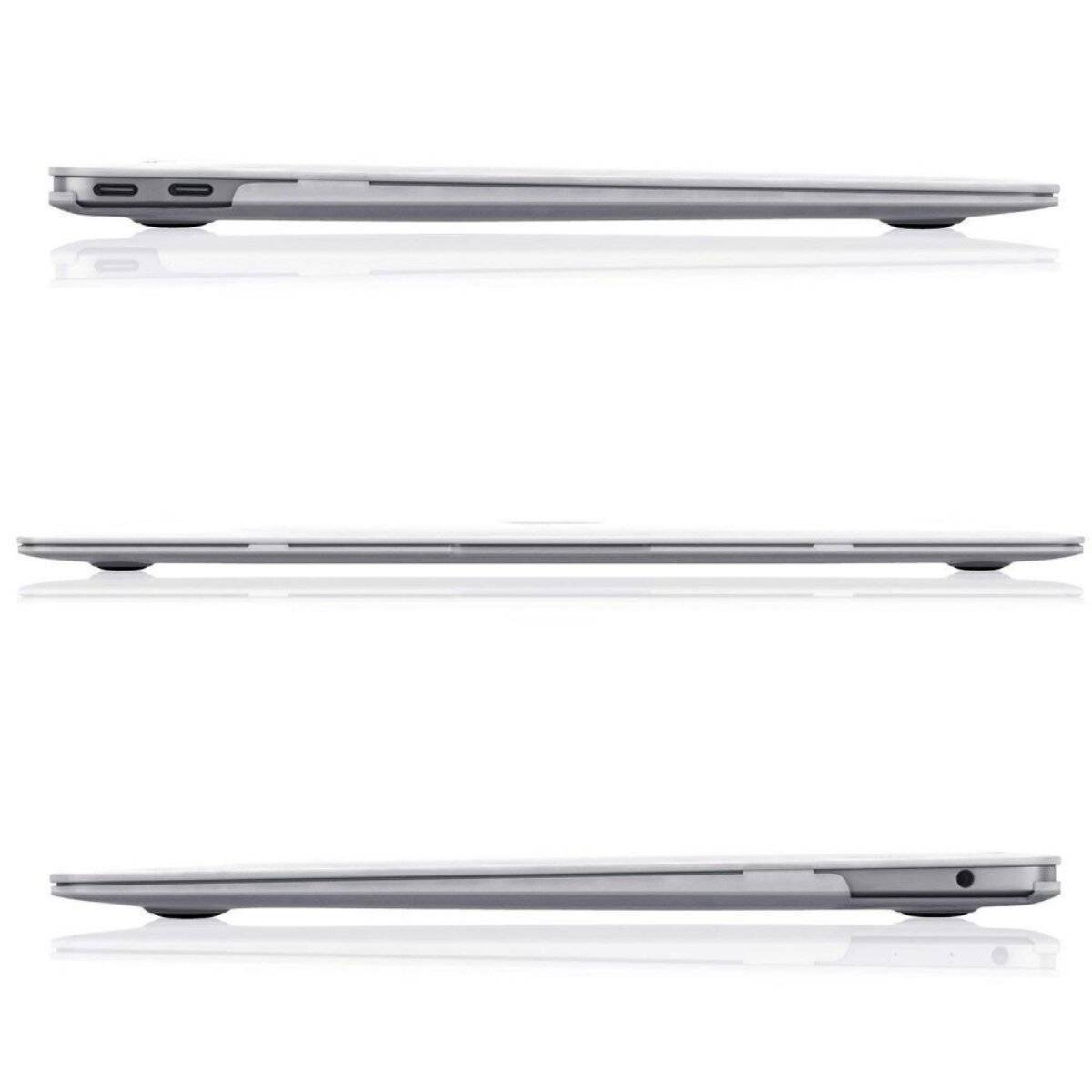 Drei Seitenansichten eines geschlossenen, schlanken Laptops, die sein dünnes Profil und die Anschlüsse an den Seiten zeigen.