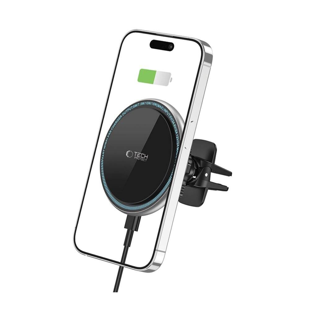 Ein Smartphone, das an einem magnetischen Auto-Lüftungsgitterladegerät befestigt ist und auf dem Bildschirm ein Ladesymbol anzeigt, das angibt, dass es geladen wird.
