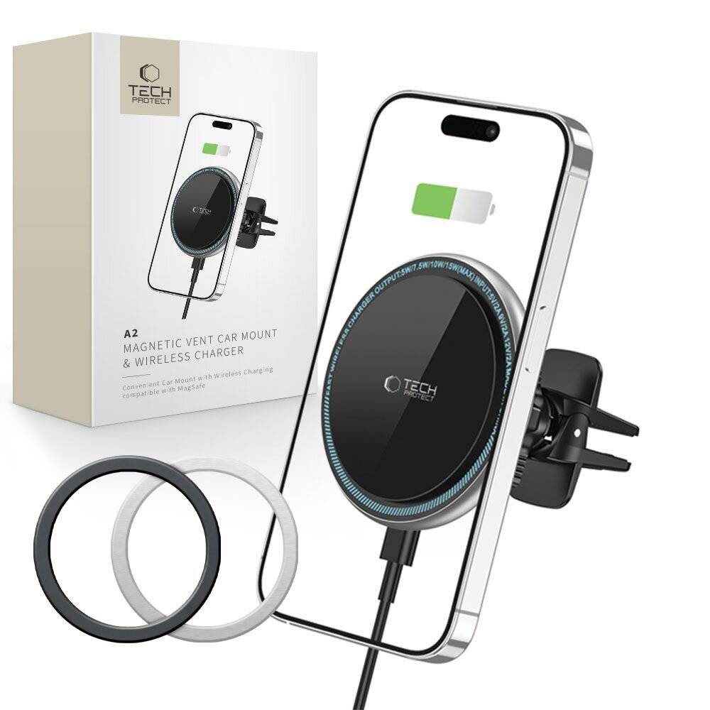 Ein Telefon, das auf einem Auto-Lüftungsschachthalterer mit drahtlosem Ladegerät montiert ist. Das Batteriesymbol zeigt Laden an. Eine Verpackungsbox mit der Bezeichnung „Magnetische Auto-Lüftungsschachthalterung und drahtloses Ladegerät