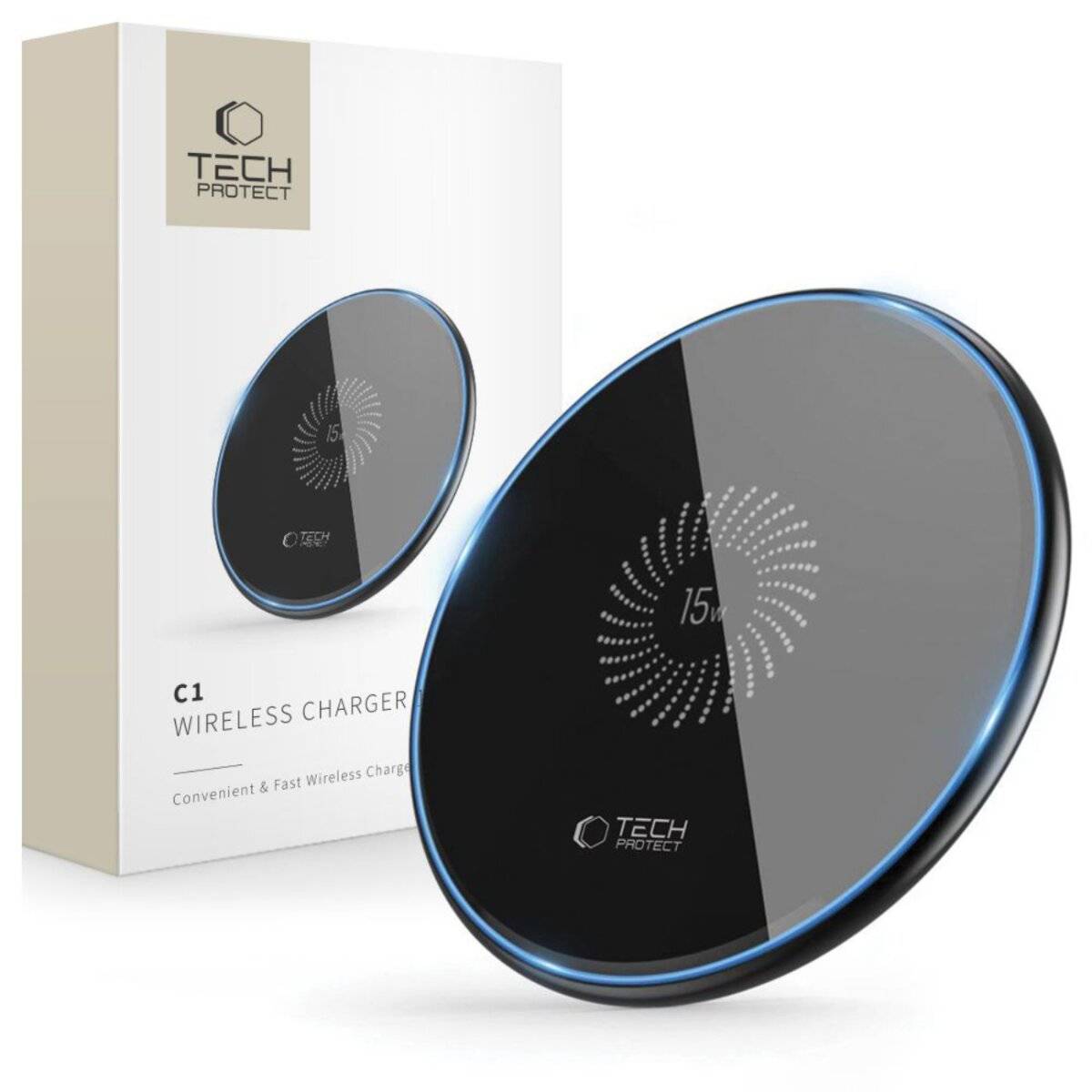 Ein schlanker, runder drahtloser Ladegerät mit 'Tech Protect' Logo und LED-Display, das '15%' anzeigt. Verpackung im Hintergrund mit der Aufschrift 'C1 Wireless Charger'.