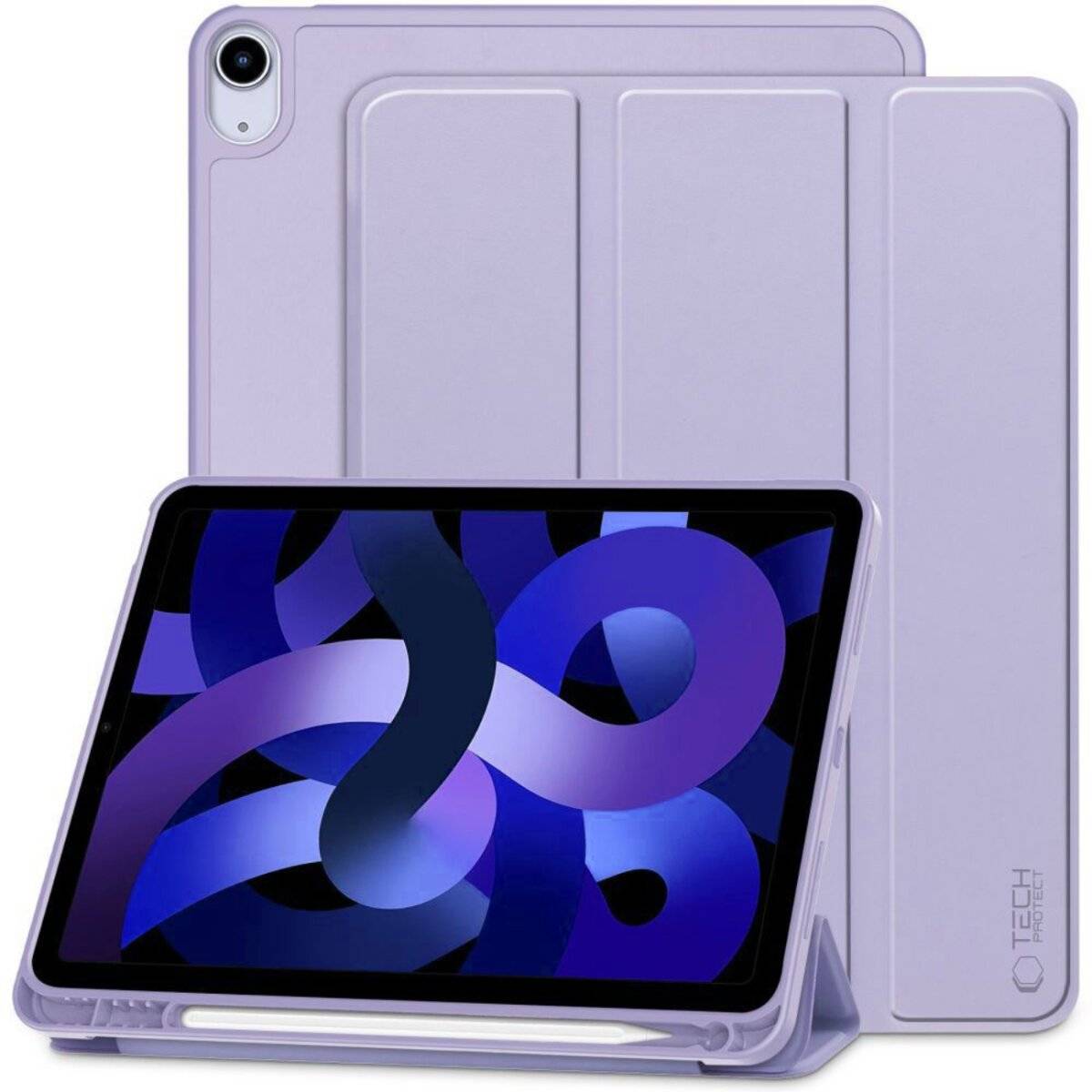 Ein Tablet mit violettem Umschlag ist geöffnet und zeigt seinen Bildschirm mit abstrakten blauen und violetten Wellenmustern. Das Gerät ruht auf einem Ständer.