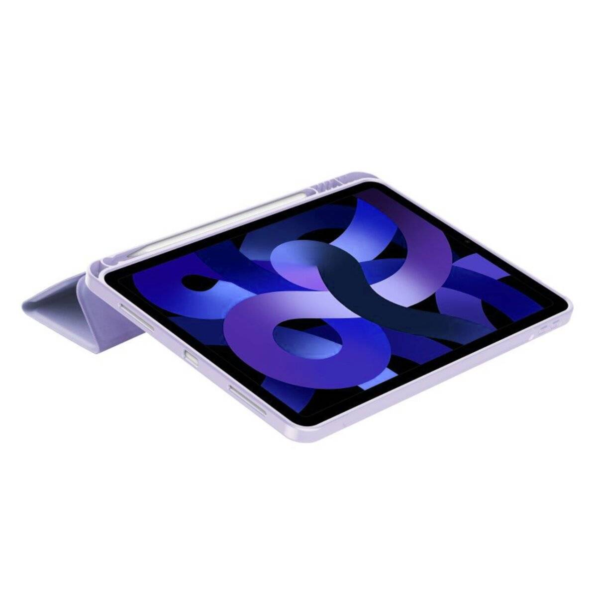 Ein Tablet mit einem violetten abstrakten Design auf dem Bildschirm, das auf einem klappbaren Ständer ruht.