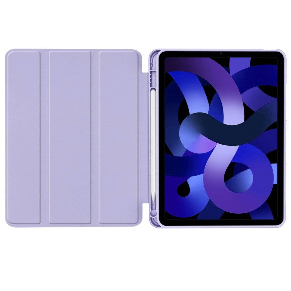 Ein Tablet mit einem farbenfrohen abstrakten Bildschirmdesign in Violetttönen, in einer passenden violetten Schutzhülle, mit einem seitlich angebrachten Stylus.