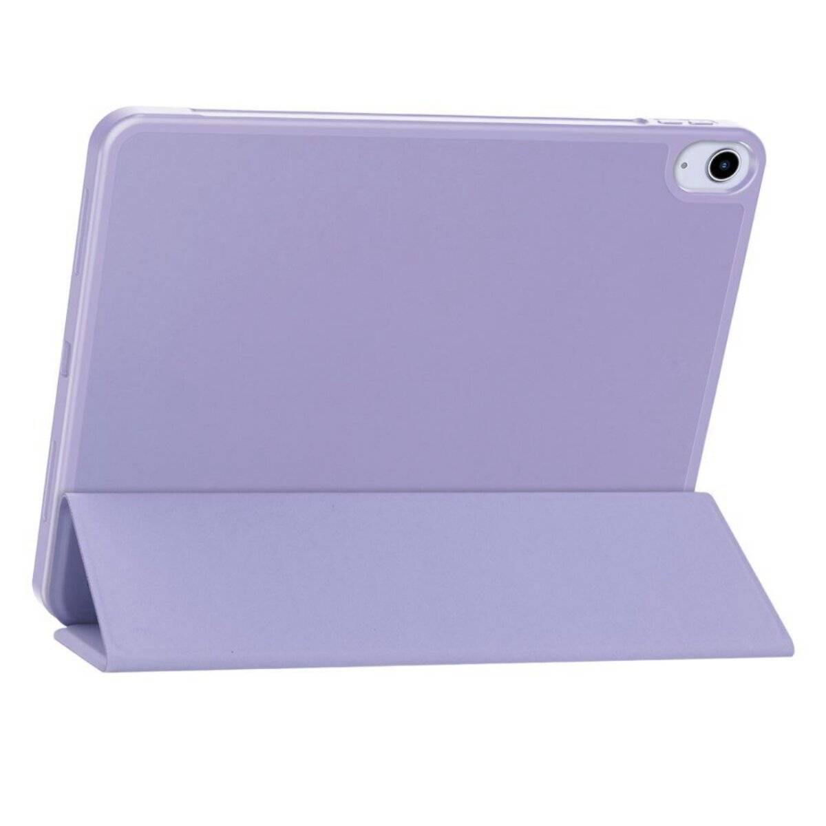 Ein violettes Tablet-Schutzetui mit ausklappbarem Ständer ist aufrecht positioniert, wobei der Fokus auf seiner Rückseite liegt und die Kameraaussparung sichtbar ist.