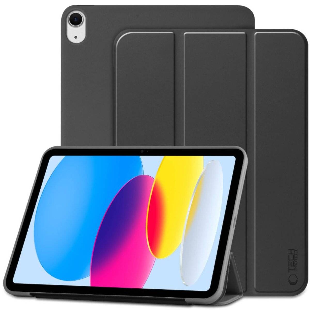 Tablet mit farbenfrohem Bildschirmdisplay, aufgestellt und gestützt durch eine schwarze Schutzhülle.