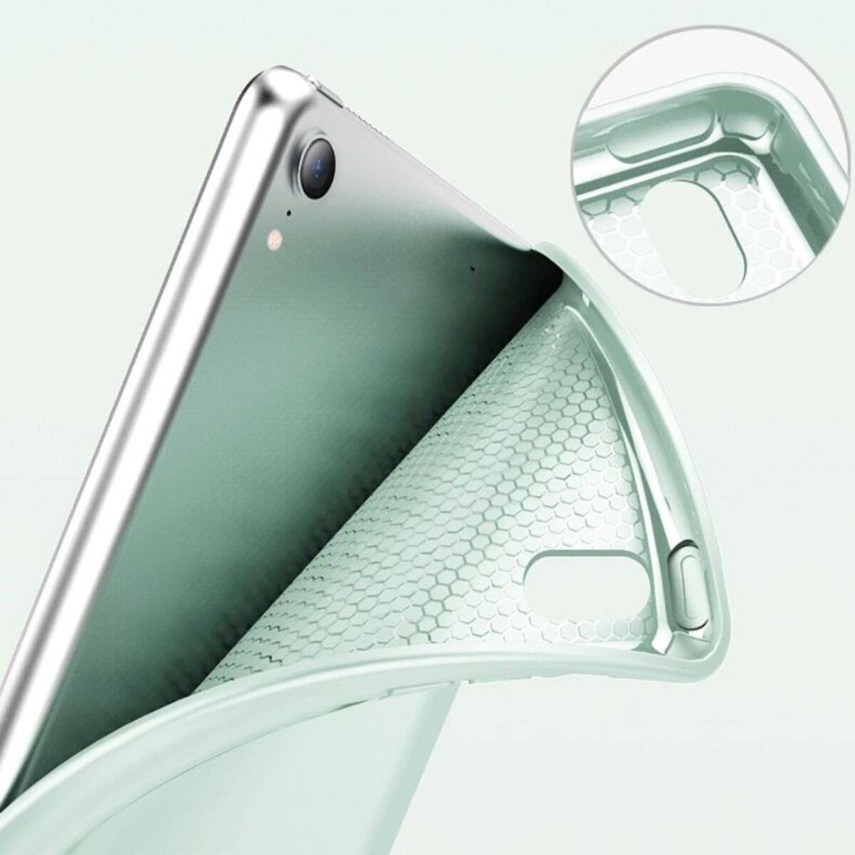 Ein Smartphone, das teilweise von einer minzgrünen, flexiblen, strukturierten Handyhülle bedeckt ist, mit einem eingefügten Bild, das eine Nahaufnahme des Kameraausschnitts zeigt.