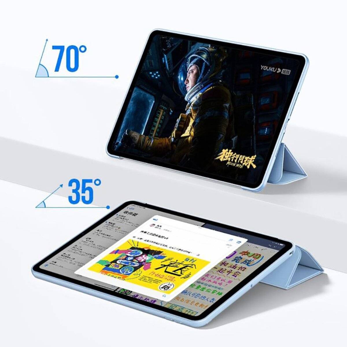 Eine blaue Tablette wird in zwei Positionen gezeigt: aufrecht in einem Winkel von 70 Grad mit einer Filmszene und horizontal in einem Winkel von 35 Grad mit einer Website.