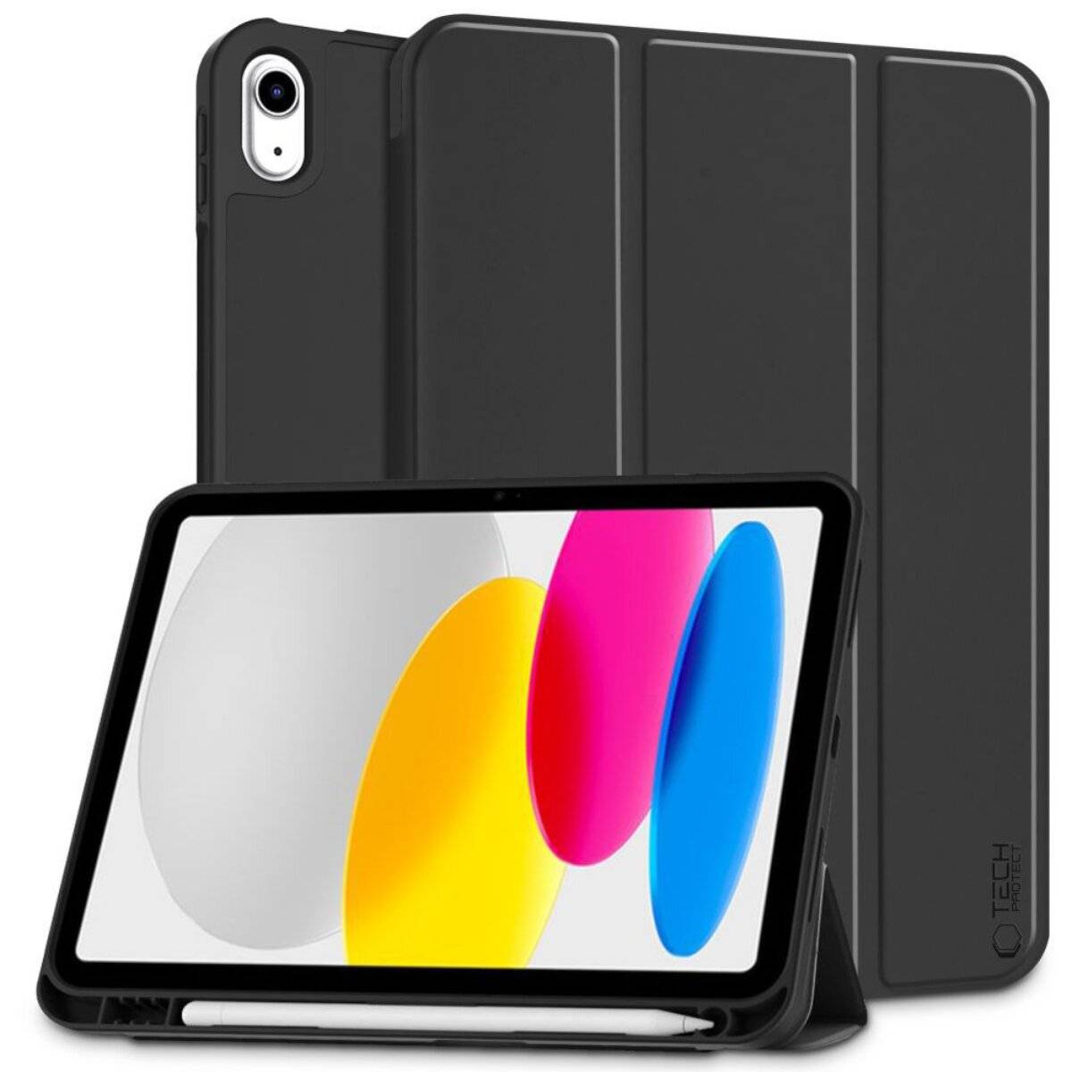 Ein Tablet in einem schützenden schwarzen Etui steht aufrecht. Der Bildschirm zeigt farbenfrohe abstrakte Formen, mit einem Stift am unteren Ende.