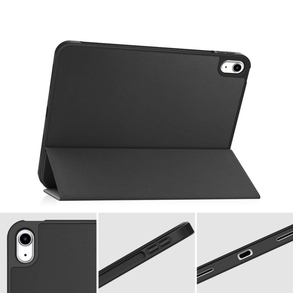 Tablet in einem schwarzen Gehäuse mit klappbarem Schutzcover, gezeigt aus drei Winkeln: Rückseite, Seitenansicht mit Hervorhebung der Tasten und Bereich des Ladeanschlusses.