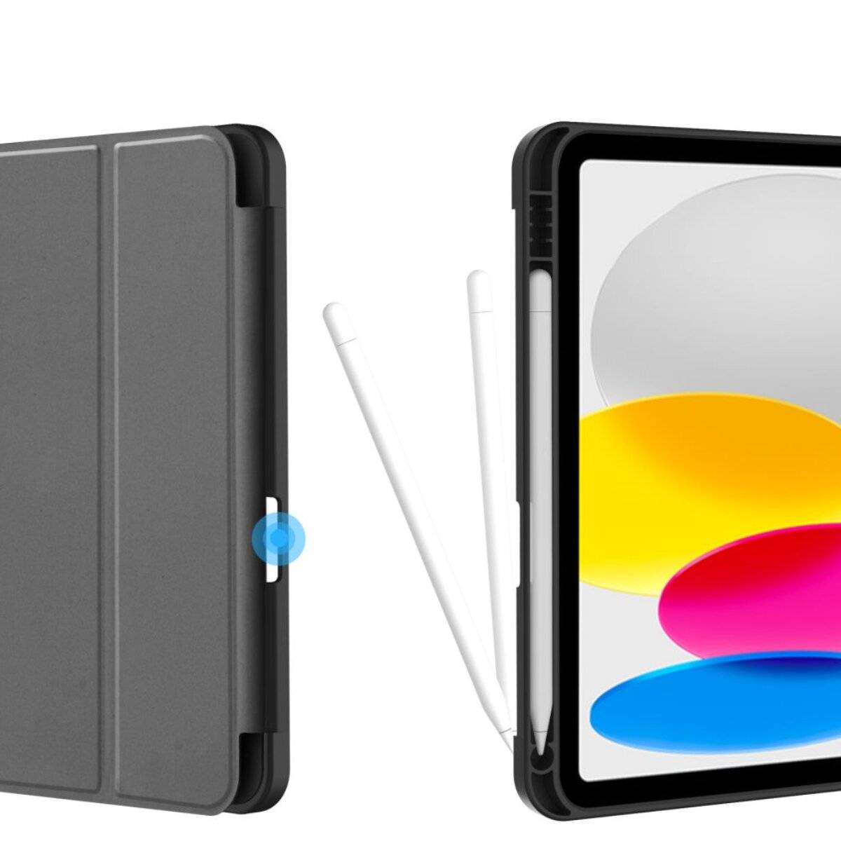 Ein Tablet mit farbenfrohem Bildschirm, Stift und schwarzem Gehäuse mit intelligenter Schutzhülle, dargestellt aus mehreren Winkeln vor weißem Hintergrund.