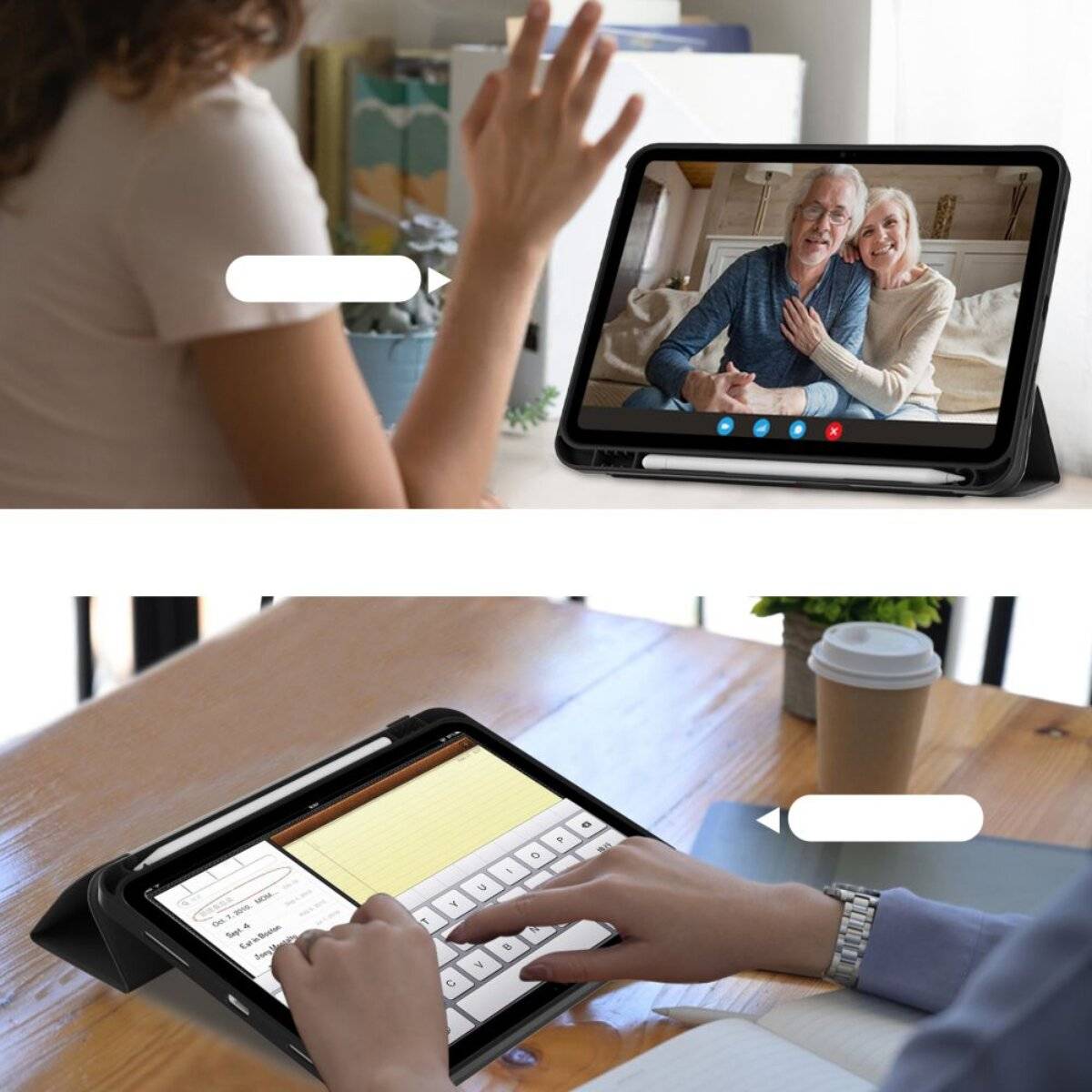 Eine Person führt einen Videoanruf mit einem älteren Ehepaar auf einem Tablet zu Hause durch und gestikuliert während der Kommunikation. Das Tablet ruht auf einem Tisch neben einer Tasse und einem Notizbrett.
