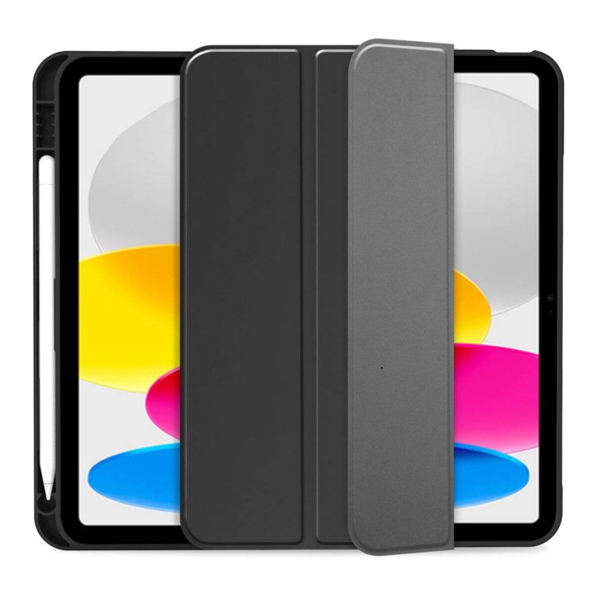 Ein iPad mit geschlossenem schwarzem Deckel, teilweise offen, das einen farbenfrohen Bildschirm mit abstrakten Formen zeigt. Ein weißer Stylus ist an der Seite befestigt.