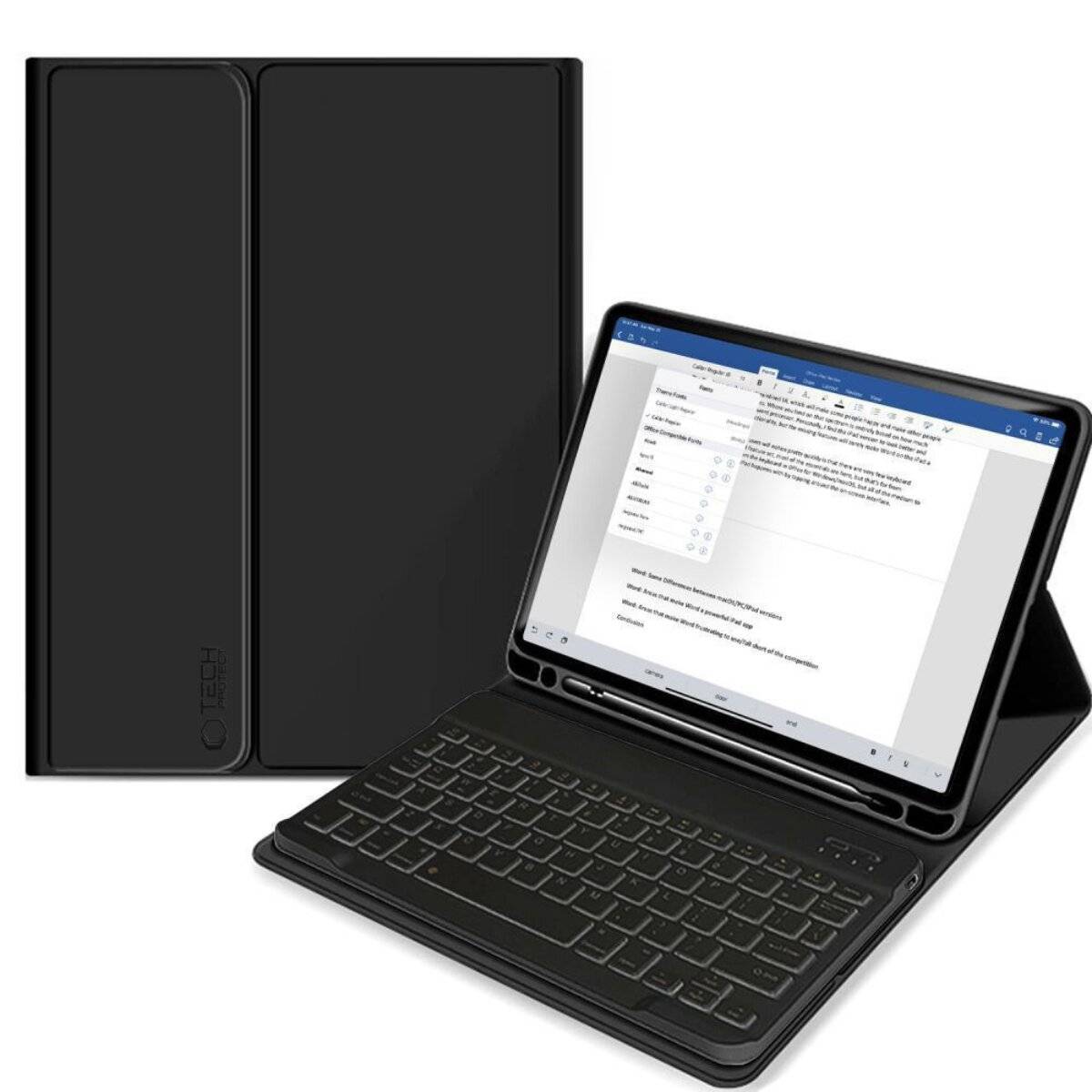 Schwarzes Tablet mit Tastaturgehäuse, das ein Textdokument auf dem Bildschirm anzeigt. Das Gehäuse verfügt über einen Stifthalter. Schlankes, professionelles Erscheinungsbild.