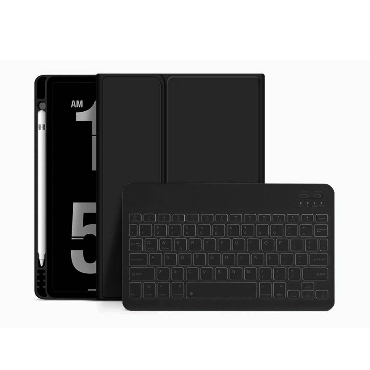 Tablet mit digitaler Uhrzeitanzeige, Stylus und abnehmbarem Tastaturgehäuse.