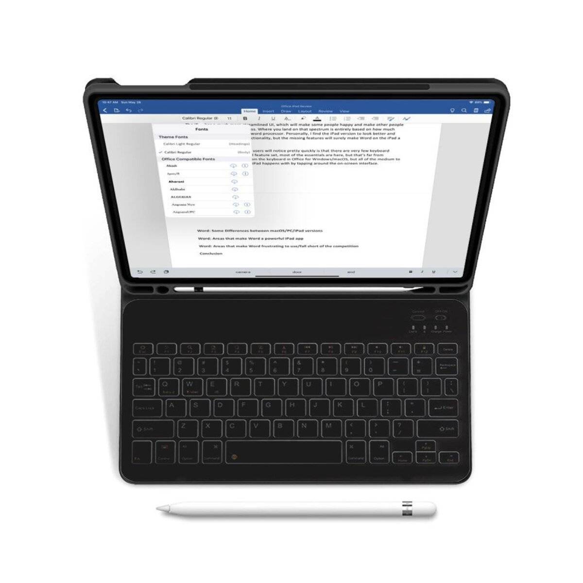 Ein Tablet mit angebrachter Tastatur zeigt ein Dokument in einer Textverarbeitungsanwendung an. Ein Stift wird unter dem Tablet platziert.