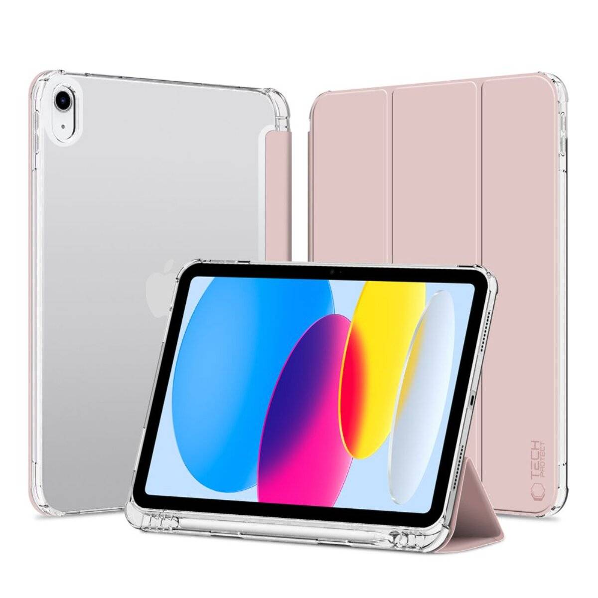 „Transparente und rosafarbene Tablet-Schutzhülle mit einem Tablet, das bunte Formen auf dem Bildschirm anzeigt. Die Hülle wird geschlossen, offen und das Tablet aufrecht haltend gezeigt.