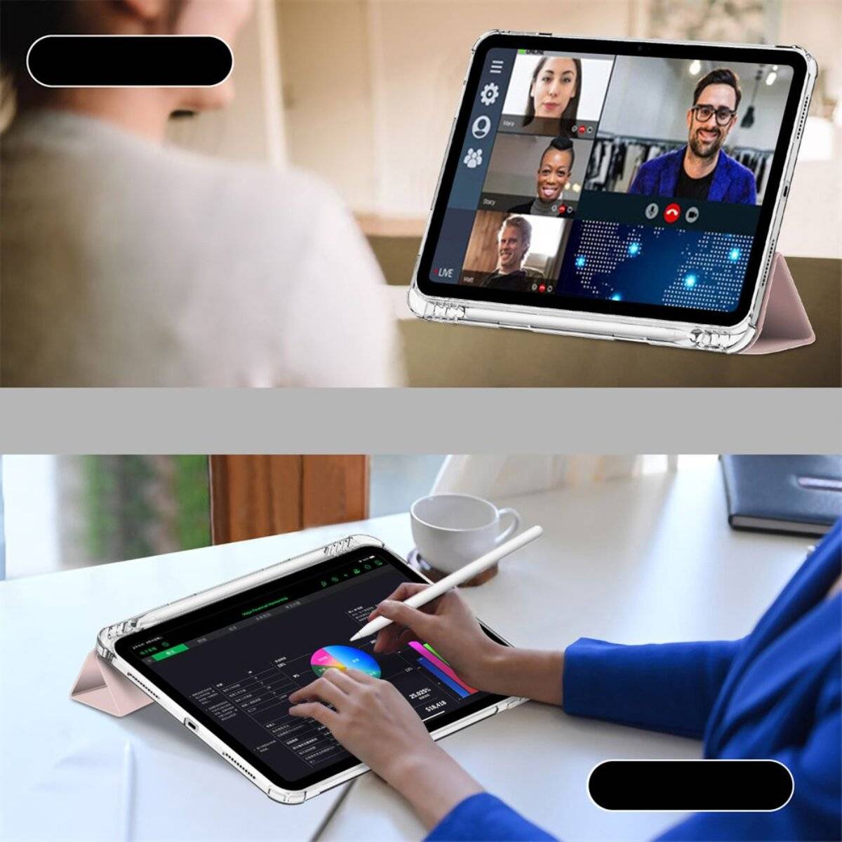 Eine Person, die an einer Videokonferenz auf einem Tablet teilnimmt, zeigt verschiedene Gesichter auf dem Bildschirm. Darunter eine weitere Person, die ein Diagramm auf einem Tablet bearbeitet.