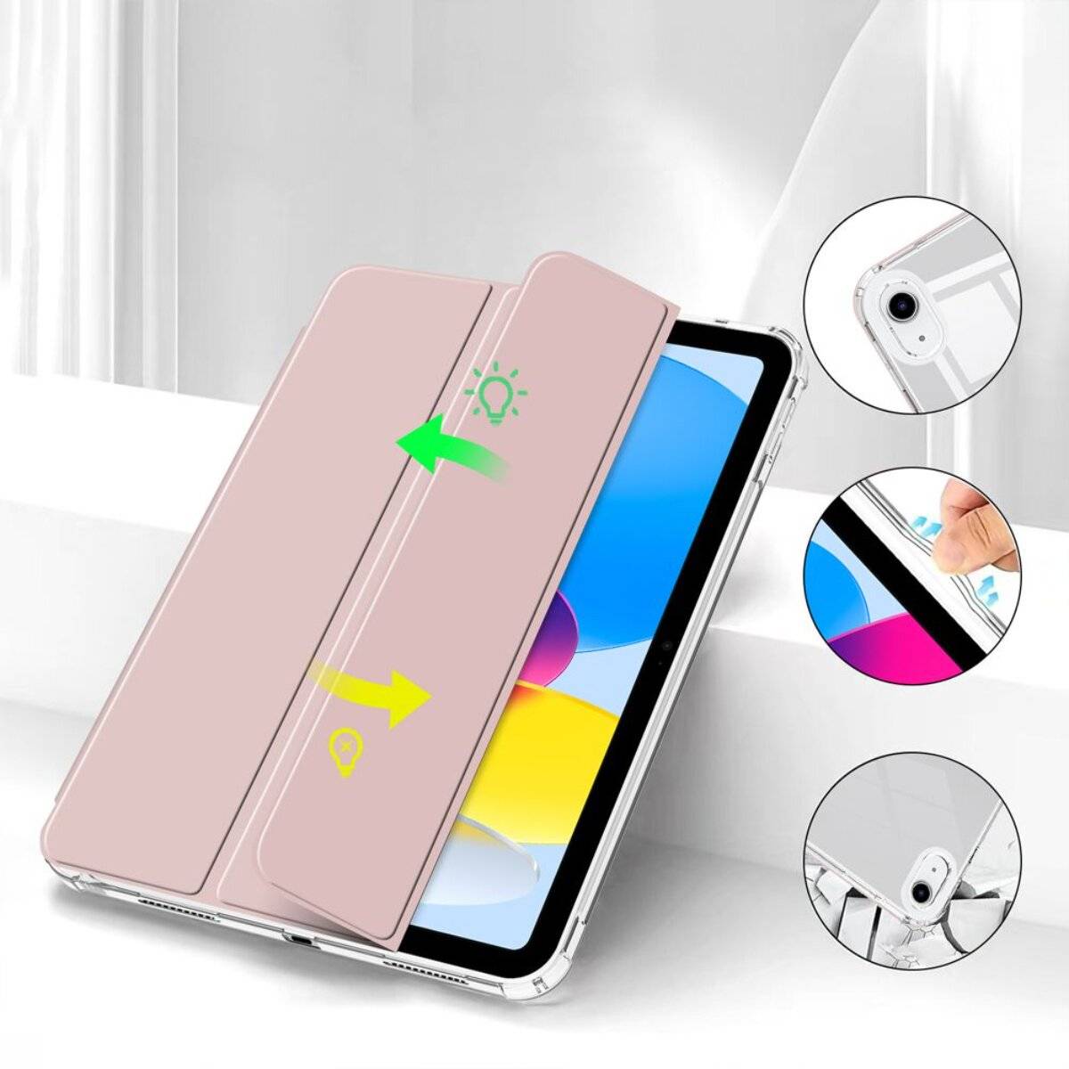 Tablet mit rosa Flip-Cover, das die Bildschirmhelligkeit regelt. Die Einsätze zeigen Nahaufnahmen der Kamera, des Cover-Designs und der Farboptionen.