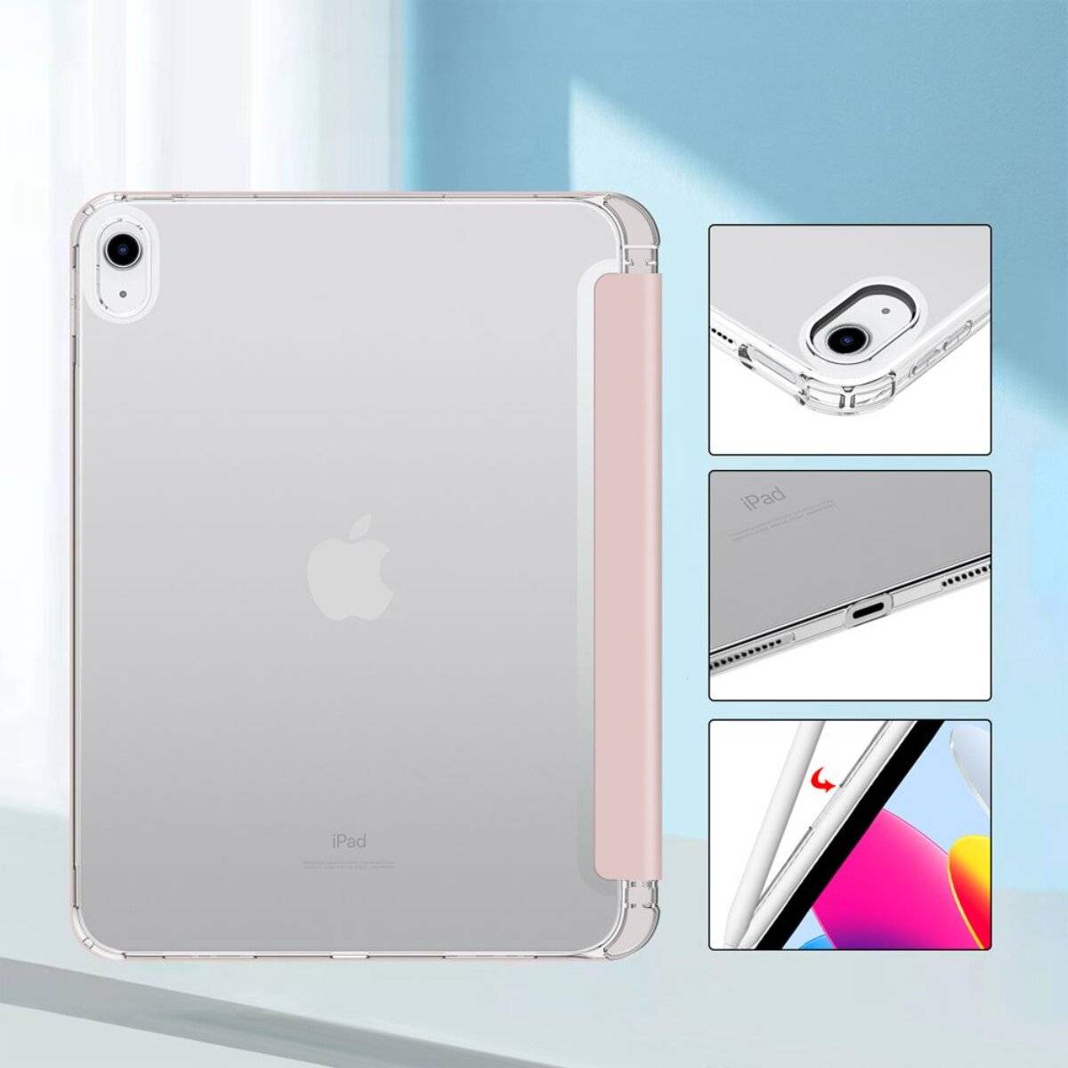 Transparente Schutzhülle für ein Tablet-Gerät mit Schutz auf der Rückseite und an den Kanten. Einschübe zeigen präzise Aussparungen für Kamera, Anschlüsse und Bildschirmrahmen.