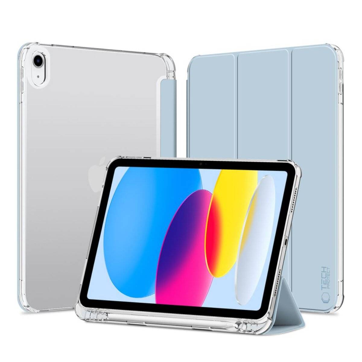 Ein Tablet mit einem farbenfrohen Bildschirm, auf dem abstrakte Kreise angezeigt werden, steht auf einem Ständer neben einer hellblauen und transparenten Schutzhülle.