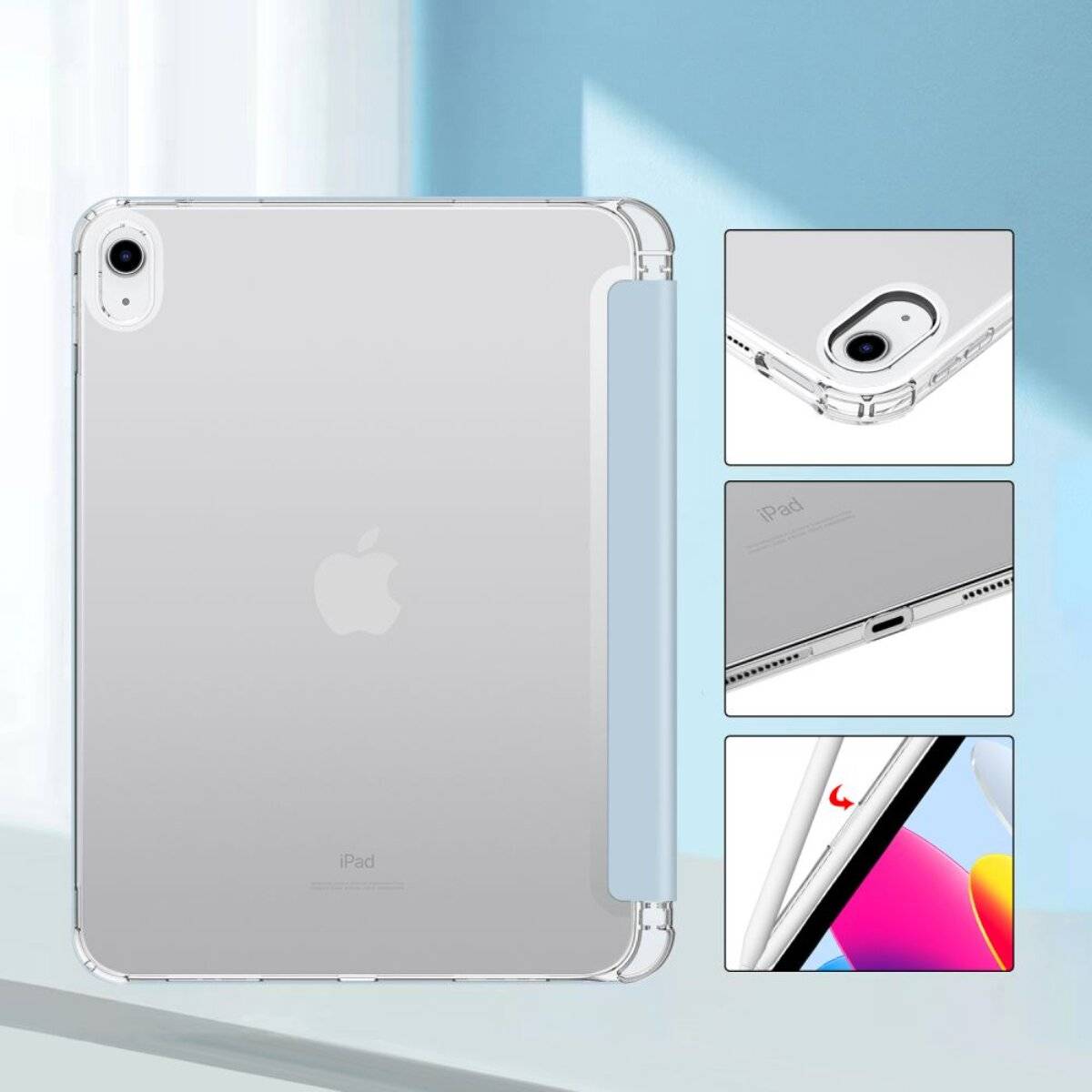 Durchsichtige iPad-Schutzhülle mit präzisen Aussparungen, die Schutz bietet und gleichzeitig das Gerät zur Geltung bringt. Die Einsätze zeigen Kamera-, Anschluss- und Kantendetails.