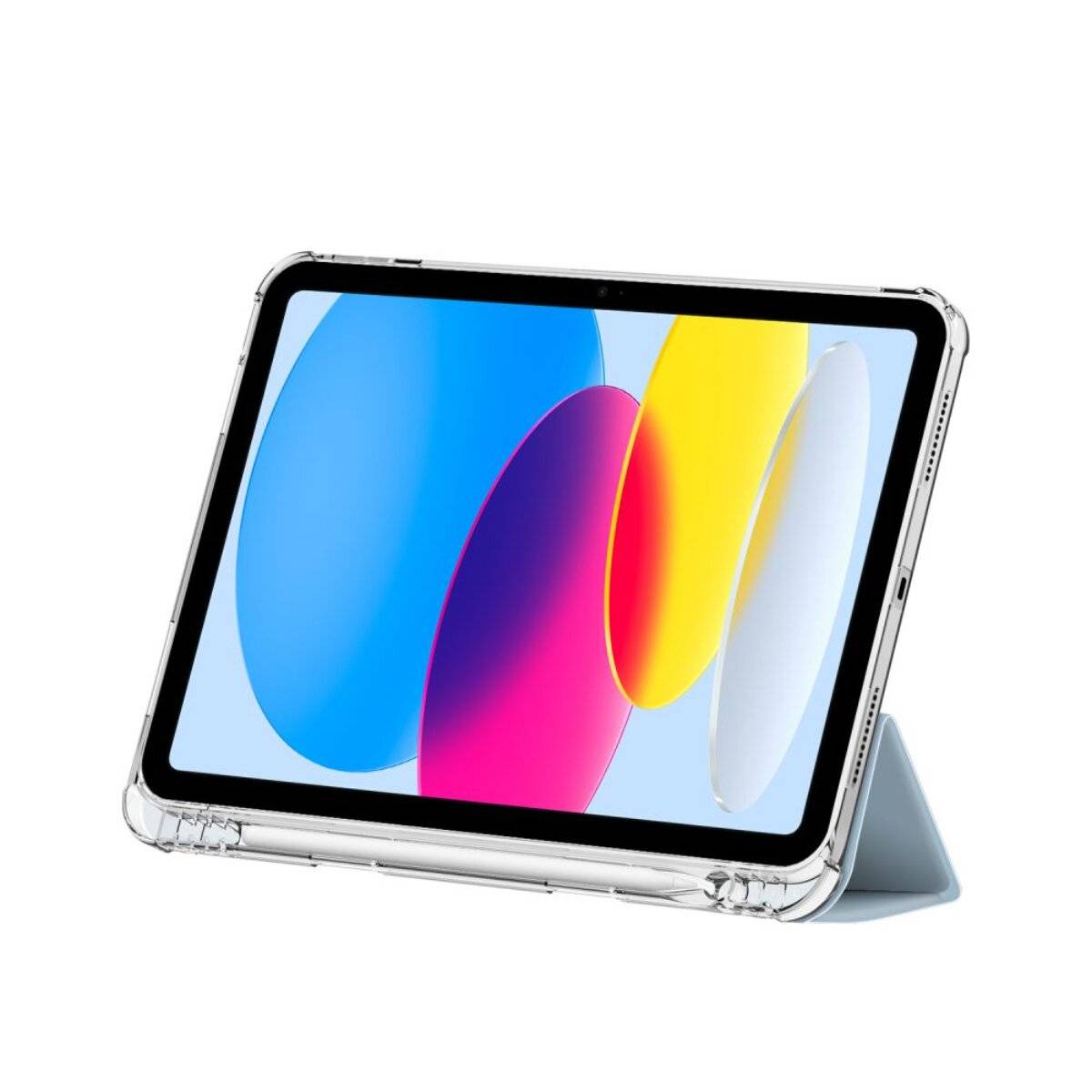 Ein Tablet mit einem farbenfrohen abstrakten Display auf seinem Bildschirm steht auf einem Ständer und zeigt blaue, rosa und gelbe Formen.